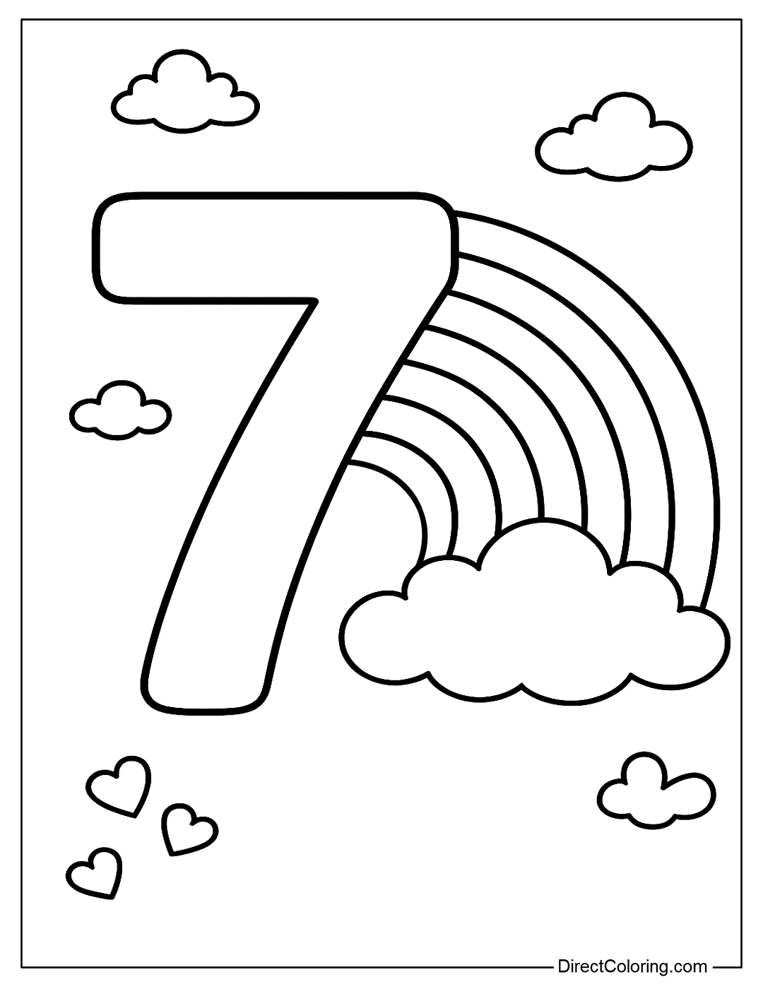 Coloring page number 7 next to a rainbow and fluffy clouds